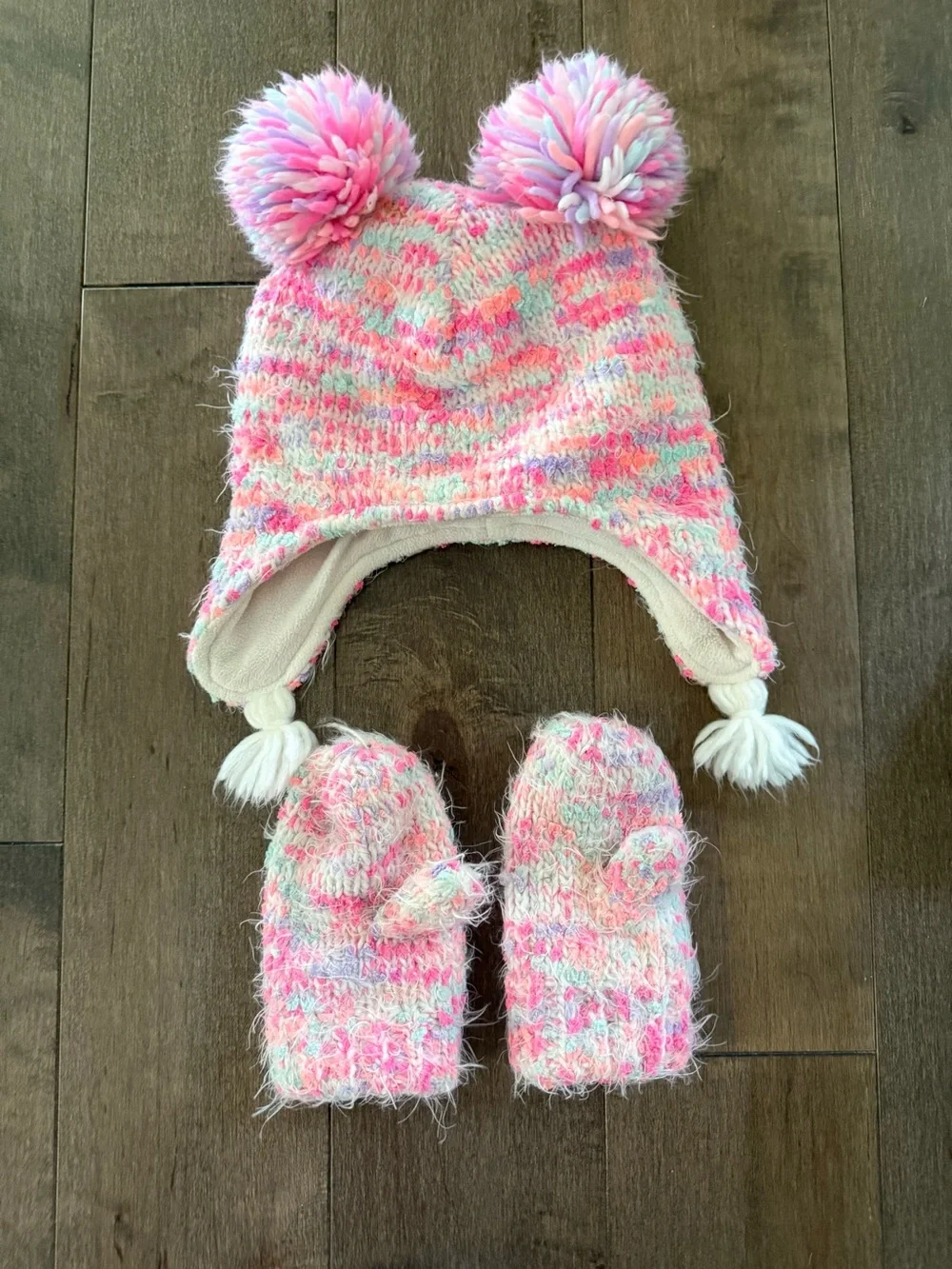 The Children's Place Pink Multicolor Fuzzy Pom Earflap Hat & Mittens